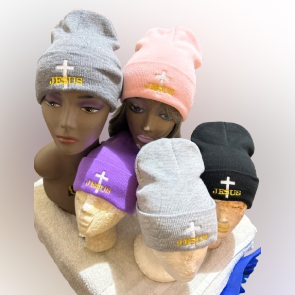 Jesus logo Pink Black and dark grey Unisex Beanie hats with Embroidered Design